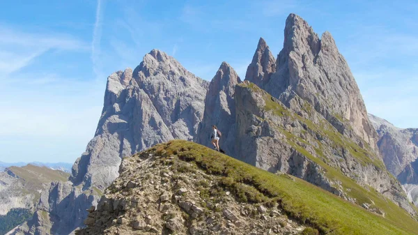 AERIAL: Flying along tourist girl hiking up towards the mountaintop with puppy. — Photo