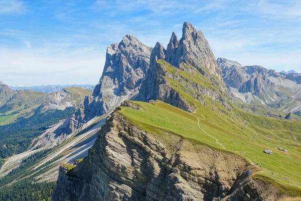 AERIAL: Steep grassfields extend up to the base of the rocky mountain range. — Photo