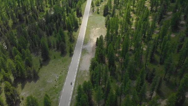 DRONE: Viaggiatori in moto e bicicletta crociera attraverso la foresta di abete rosso . — Foto Stock