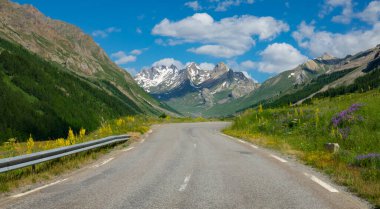 Blooming meadows and alpine nature surround the scenic mountain road in France.