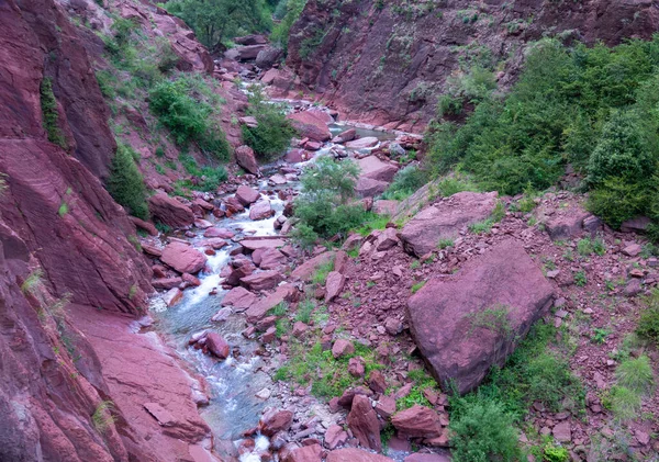 Krásný horský potok se řítí malebnou červenou roklinou. — Stock fotografie