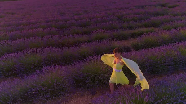 戴恩：夕阳西下照亮着紫罗兰的草地，还有探索普罗旺斯的轻松自在的姑娘 — 图库照片