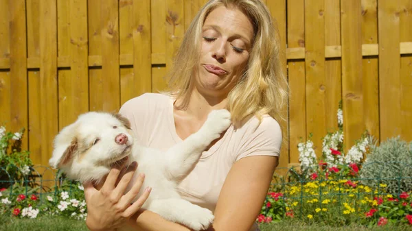 CLOSE UP: Hartnäckiger weißer Welpe versucht, sich aus dem Schoß der schönen Frau zu befreien. — Stockfoto