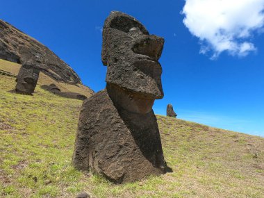 Egzotik ada manzarasının ve büyüleyici moai heykellerinin sinematik çekimi..