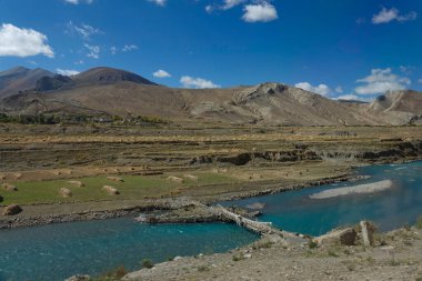 Zümrüt bir nehrin otlakların yanından geçerken drone görüntüsü.