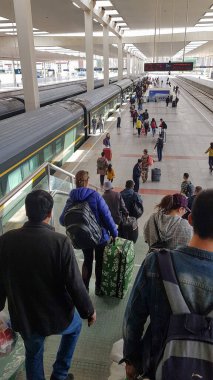 VERTICAL Gezginleri bavullarını merdivenlerden tren peronuna taşırlar.