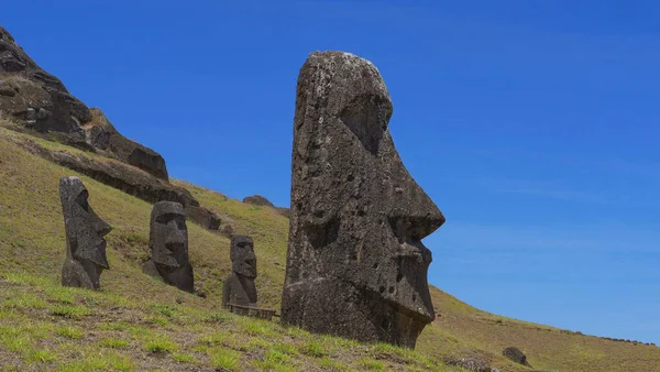 AERIAL: Vista panorámica de las estatuas volcánicas negras dispersas alrededor de las colinas cubiertas de hierba. —  Fotos de Stock