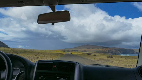 POV: Καθισμένος στη θέση του συνοδηγού των SUV και περιμένοντας ένα άλογο να διασχίσει το δρόμο. — Φωτογραφία Αρχείου