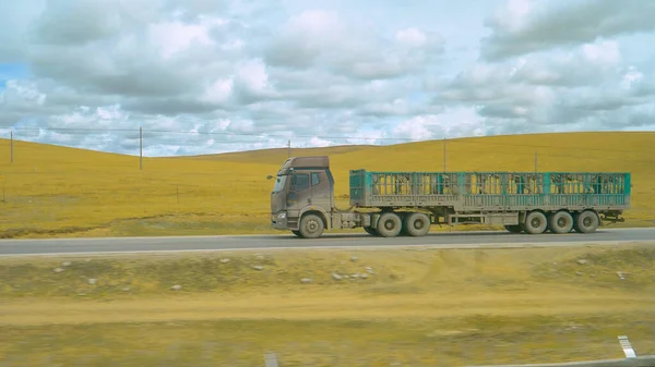 Train ride along a large truck with an empty trailer for transporting cattle. — Stock Photo, Image