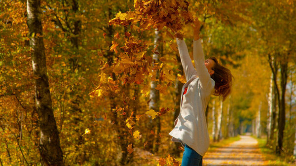 CLOSE UP, COPY SPACE: Joyful Caucasian woman throws a pile of autumn colored leaves high in the air. Carefree girl stops during a walk in the scenic park to throw the gorgeous dry leaves in air.