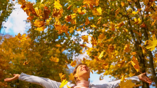 ZAMKNIJ: Złote liście drzew spadają na zabawną kobietę po wyrzuceniu ich w powietrze — Zdjęcie stockowe