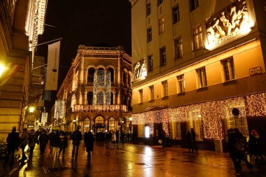 İnsanlar Aralık ayının sakin bir gecesinde Viyana 'nın manzaralı sokaklarında gezinirler..