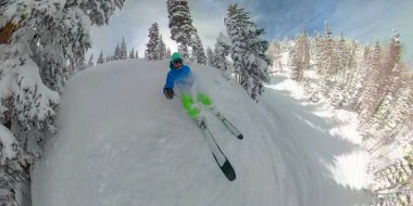 Deer Valley 'in kırsalında kış ormanlarında kayak yapan bir adam..