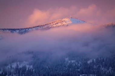 Idaho 'da güneşli bir sabahta bulutlarda saklanan bir kayak merkezinin yamaçlarında..