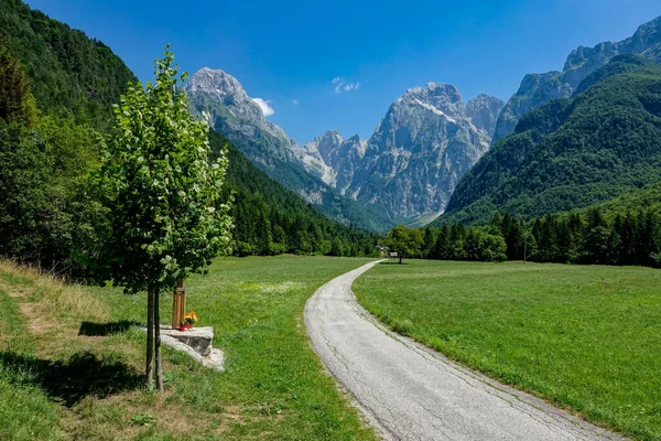 朱利叶斯阿尔卑斯山高耸在宁静的乡村上空的壮观镜头. — 图库照片