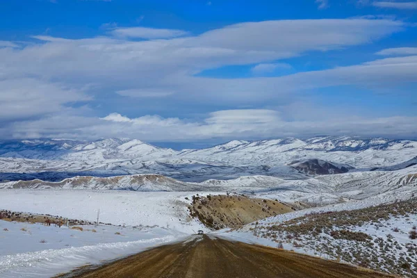 Carros na distância de carro ao longo da estrada de terra atravessando o campo nevado — Fotografia de Stock