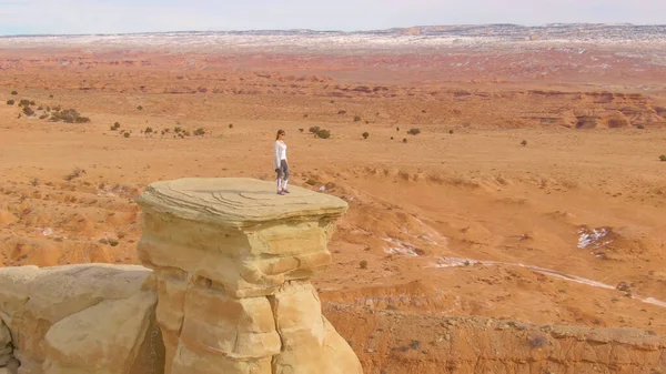 AÉRIAL : Jeune voyageuse debout au sommet d'une falaise et observe le canyon. — Photo