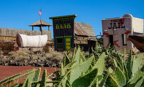 FECHAR UP, DOF: Fotografia legal de edifícios de vilarejos de cowboys atrás de um cacto espinhoso. — Fotografia de Stock