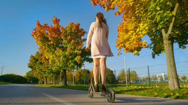 ÁNGULO BAJO: El viajero femenino monta un scooter eléctrico a lo largo de una avenida de color otoño —  Fotos de Stock