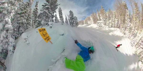 SELFIE: Funny shot of a cross country skier crashing while tree skiing in Utah.