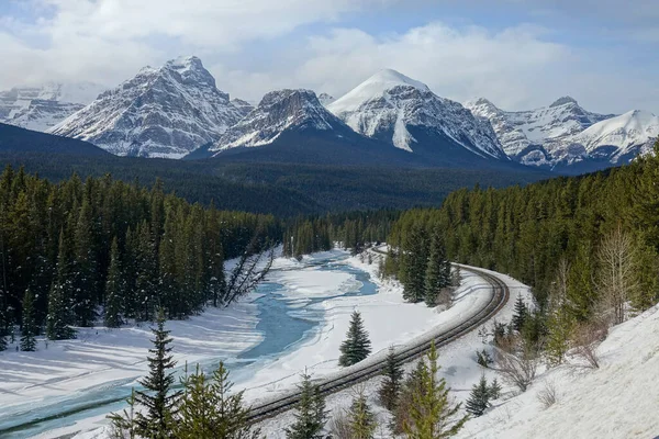 AERIAL: Flying above a snowy spruce forest covering valley under the mountains — ストック写真