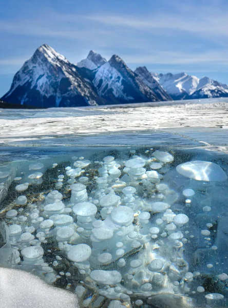 VERTICAL: Prachtig uitzicht op een bevroren meer en de schilderachtige Canadese Rockies. — Stockfoto