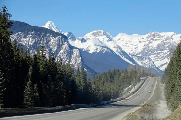 Los coches conducen por la carretera Icefields Parkway y hacia la montaña nevada. — Foto de Stock