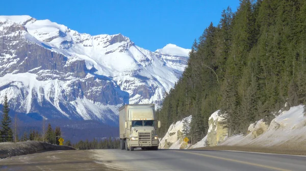 Naczepa ciężarówka jedzie wzdłuż asfaltowej autostrady przejazdu Jasper National Park — Zdjęcie stockowe