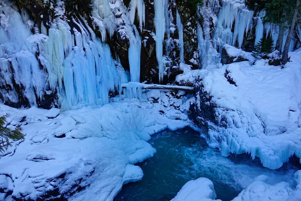 CLOSE UP: Beautiful wintry scenery of frozen waterfalls in British Columbia. — ストック写真