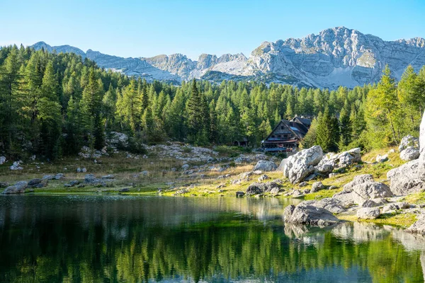 Güneşli yaz gününde Triglav Ulusal Parkı 'nda manzaralı bir göl..