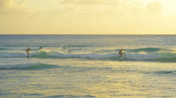En grupp surfare rider dagens sista vågor i Barbados. — Stockfoto