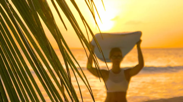 ZAMKNIJ SIĘ: Szczęśliwa kobieta wychodzi z plaży niosąc deskę surfingową na głowie. — Zdjęcie stockowe