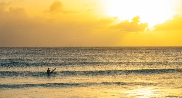 SILHOUETTE: Oigenkännlig surfare sitter på sin surfbräda och observerar soluppgången — Stockfoto