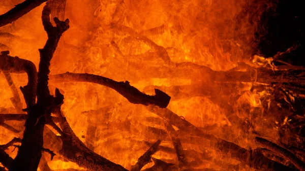 CLOSE UP: Gedetailleerde foto van een groot brandend kampvuur midden in de nacht. — Stockfoto