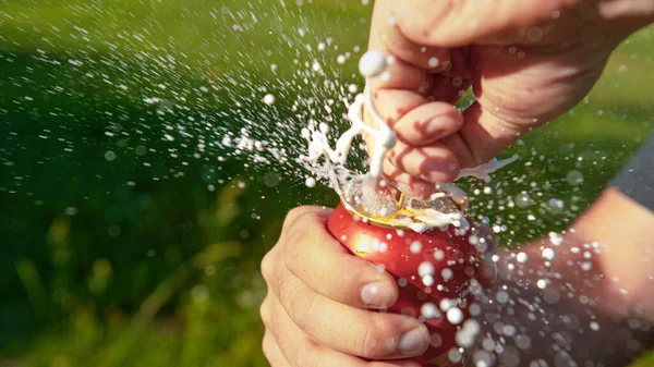 Tanınmayacak kadar susamış bir adam piknik sırasında bir kutu sallanmış bira açar.