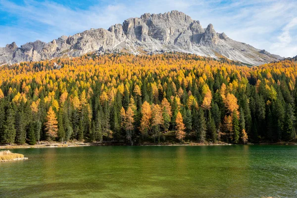 Живописный вид на гору, возвышающуюся над осенним лесом и спокойным озером — стоковое фото