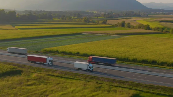 DRONE: Flying along two freight trucks hauling containers down country highway — Stock Photo, Image