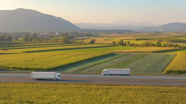 AERIAL: Vliegen langs een witte semi truck die vracht over een schilderachtige snelweg vervoert. — Stockfoto