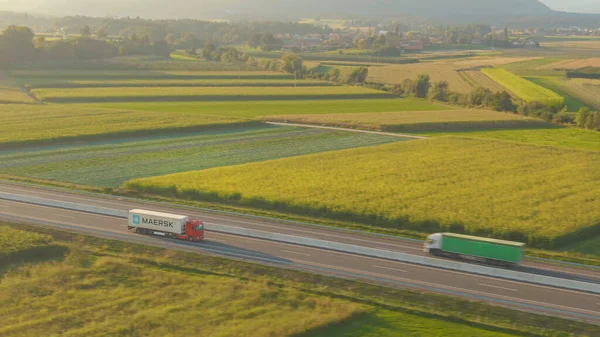 AERIAL: Rode vrachtwagen voor vrachtvervoer die vrachtcontainers door Slovenië vervoert. — Stockfoto