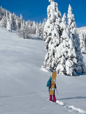 Turist snowboard gezisi sırasında kışı gözlemlemek için durur..