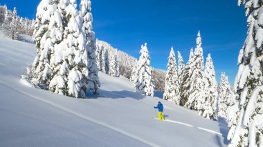 Kafkasyalı zinde bir adam bir kayak turu sırasında kışın araziyi geçer..