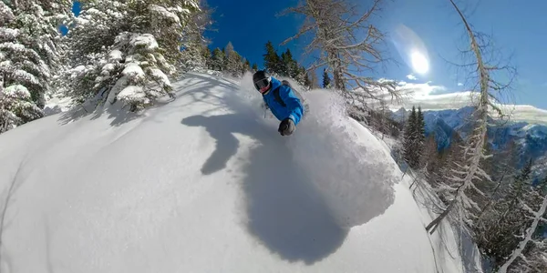 SELFIE : Cool shot of guy on winter vacation snowboard on a perfect sunny day. — Photo