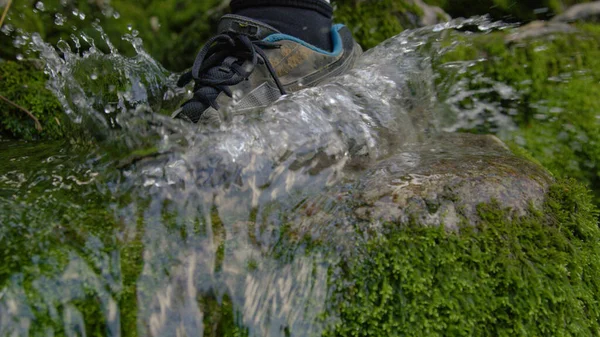 FECHAR UP: Trekker usando tênis entra em um córrego de floresta cristalina. — Fotografia de Stock