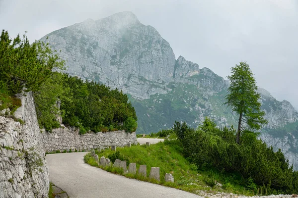 Сценические скалистые горы выходят на пустую асфальтовую дорогу, проходящую через Джулианские Альпы. — стоковое фото