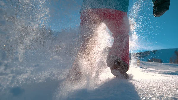 ÁNGULO BAJO: Turista femenina juguetona irreconocible se encuentra con la nieve en polvo profundo. — Foto de Stock