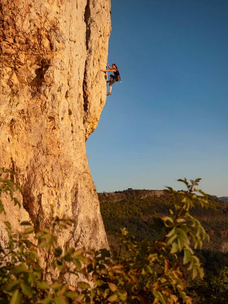 VERTICAL: Tiro de ação de uma mulher destemida escaladora subindo um penhasco. — Fotografia de Stock