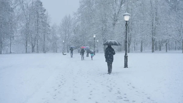 在暴风雪中，难以辨认的人们在公园的雪地小径上行走. — 图库照片