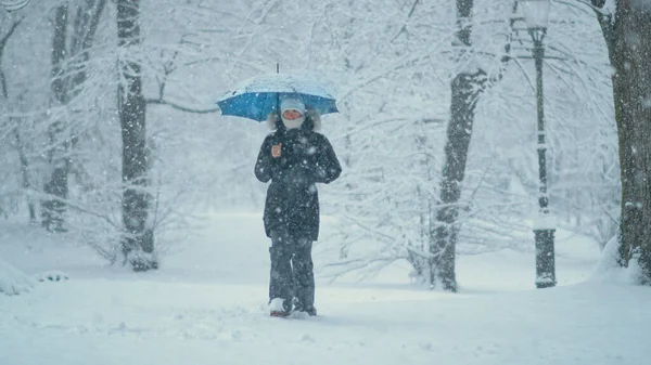 Şiddetli kar fırtınası sırasında kalın kışlık ceketli genç bir kadın parkta yürüyor. — Stok fotoğraf