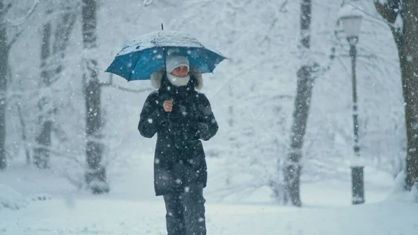 特写，道夫：在暴风雪中，年轻女人环视着田园诗般的公园. — 图库照片