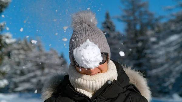 注：微笑的女游客被毛茸茸的雪球击中脸部. — 图库照片